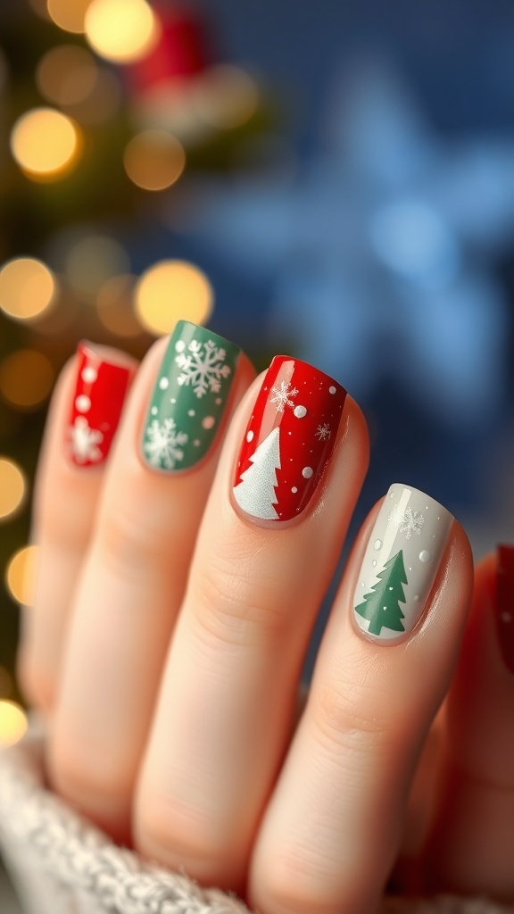 Close-up of short gel polish Christmas nails in red and green with snowflake and Christmas tree designs.